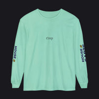 A mint green long-sleeve t-shirt with 'tlrep' printed in black across the chest and 'HOUSE CARDS' with a small yellow logo on both sleeves, shown on a plain white background.