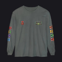 A dark gray long-sleeve t-shirt with colorful embroidered military-style insignia on the chest and both sleeves, featuring the text 'HOC SLOTS' on the left chest.