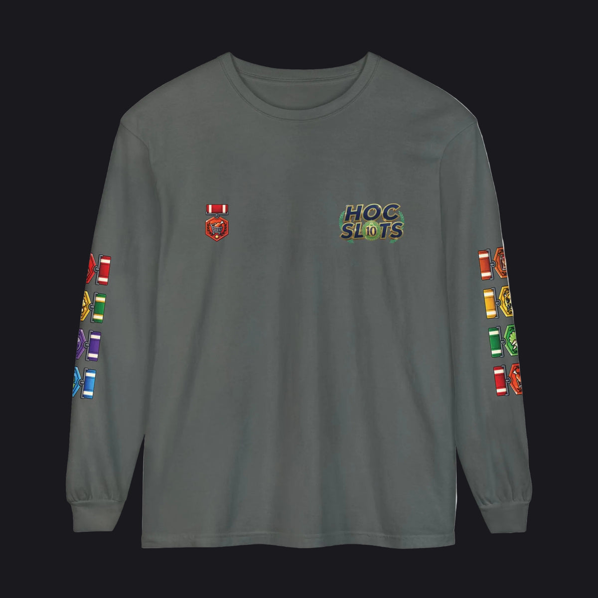 A dark gray long-sleeve t-shirt with colorful embroidered military-style insignia on the chest and both sleeves, featuring the text 'HOC SLOTS' on the left chest.