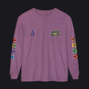 A long-sleeve crewneck t-shirt in dusty purple, featuring a 'HOC SLOTS' graphic on the left chest, a small emblem on the right chest, and colorful military-style insignia printed down both sleeves.