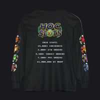 A black long-sleeve t-shirt with a detailed graphic on the back and colorful sleeve prints, displayed against a solid white background.
