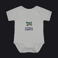 A light heather gray short-sleeve baby bodysuit featuring a 'HOUSE OF CARTS' graphic on the chest with a green shopping cart and gold and navy text, displayed on a clean white background.