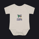 A light heather gray baby bodysuit featuring a 'HOUSE OF CARTS' graphic on the chest with a green shopping cart and a gold coin illustration, displayed on a clean white background.