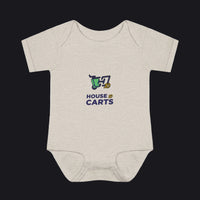 A light heather gray baby bodysuit featuring a 'HOUSE OF CARTS' graphic on the chest with a green shopping cart and a gold coin illustration, displayed on a clean white background.
