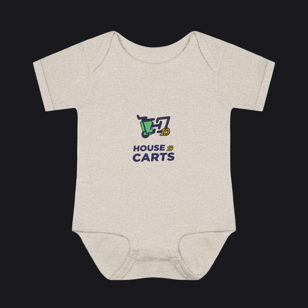 A light heather gray baby bodysuit featuring a 'HOUSE OF CARTS' graphic on the chest with a green shopping cart and a gold coin illustration, displayed on a clean white background.