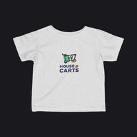 A light heather gray baby t-shirt with a 'HOUSE OF CARTS' graphic printed on the chest, displayed flat against a white background.
