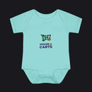 A light aqua baby bodysuit with a 'HOUSE OF CARTS' graphic printed on the chest, displayed flat against a solid white background.