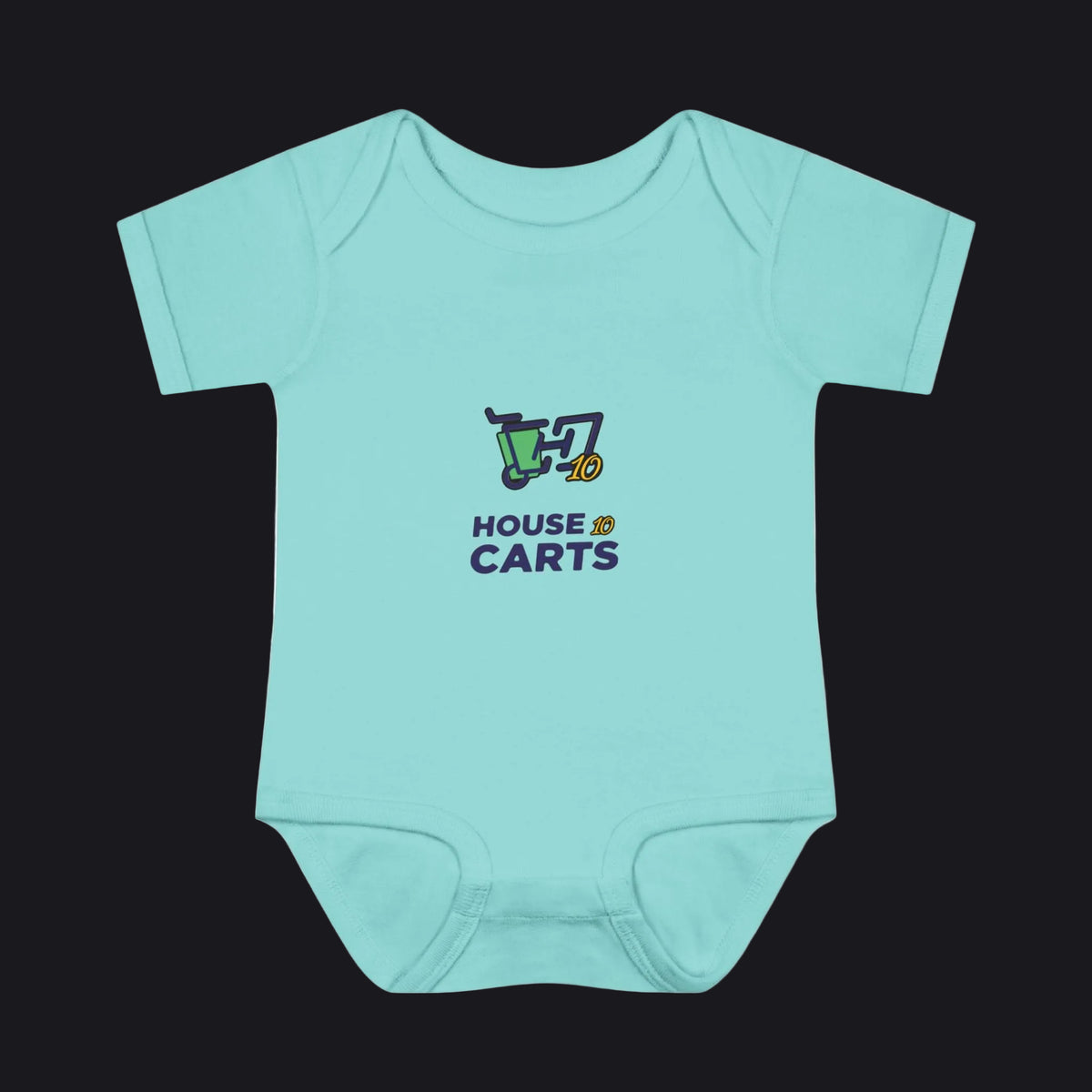 A light aqua baby bodysuit with a 'HOUSE OF CARTS' graphic printed on the chest, displayed flat against a solid white background.