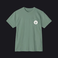 A sage green short-sleeve crewneck pocket t-shirt with a small white circular graphic on the chest pocket depicting a power plug.