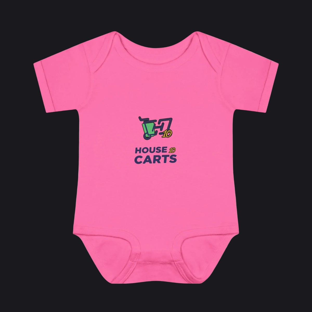 A bright pink short-sleeve baby bodysuit with a colorful graphic on the chest showing a shopping cart and the text 'HOUSE OF CARTS' in navy and green, displayed on a clean white background.