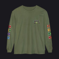 An olive green long-sleeve t-shirt with a colorful 'HOC SLOTS' graphic on the left chest and matching multicolor graphics on both sleeves, displayed against a solid white background.