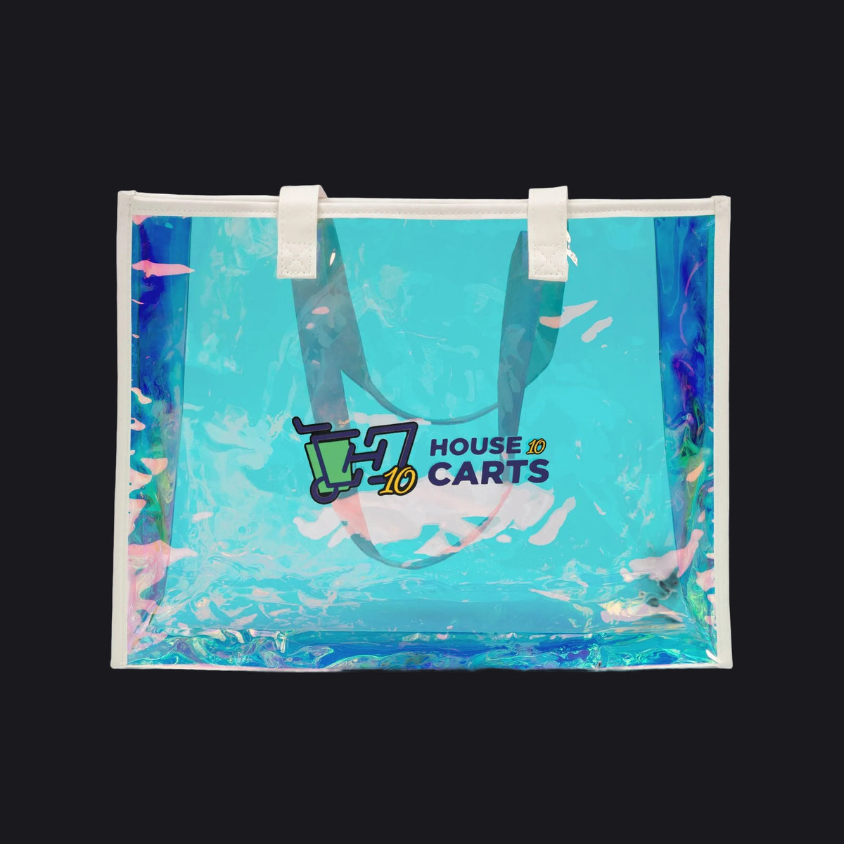 A clear vinyl beach tote bag with white handles, featuring a holographic blue and purple border and a printed 'HOUSE CARTS' logo on the front, set against a plain white background.