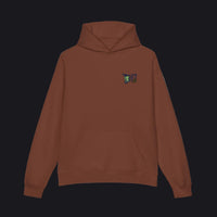 Brown hoodie with a small logo on the back against a white background