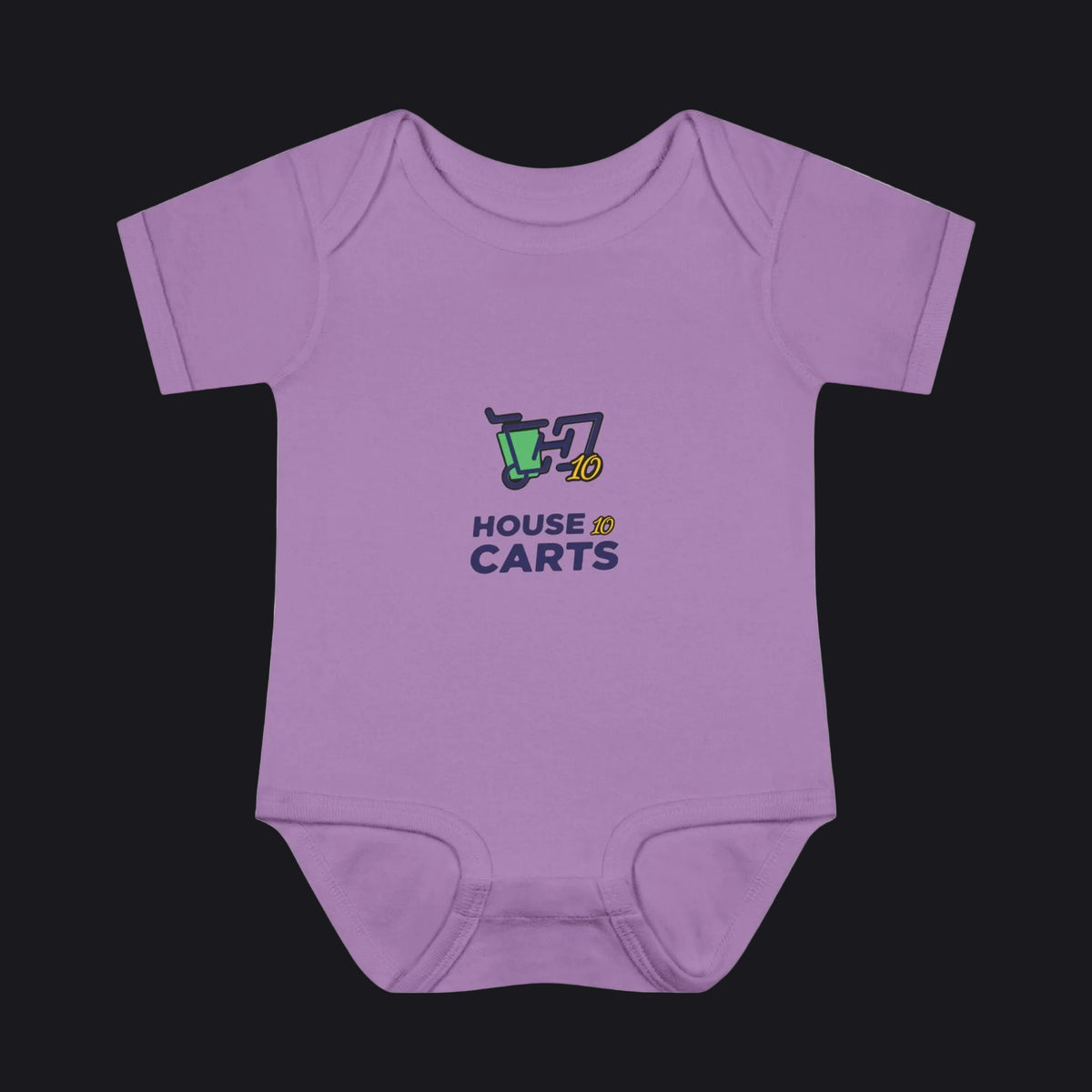 A lavender purple short-sleeve baby bodysuit with a colorful graphic on the chest showing a shopping cart and the text 'HOUSE OF CARTS'.