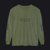 An olive green long-sleeve t-shirt with 'tlrep' printed in black on the chest and 'HOUSE 98' in blue and yellow on both sleeves, shown against a plain white background.