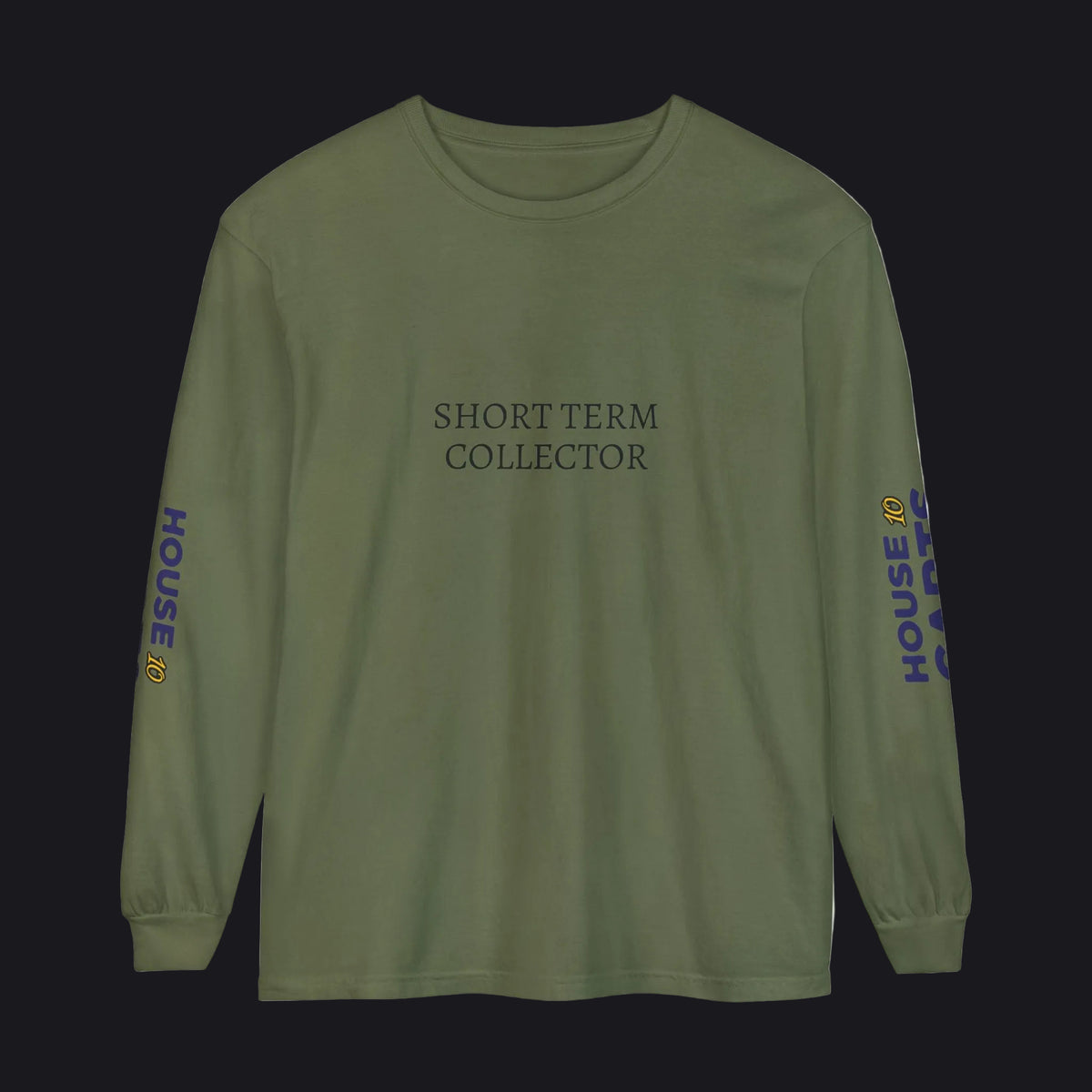 An olive green long-sleeve t-shirt with 'tlrep' printed in black on the chest and 'HOUSE 98' in blue and yellow on both sleeves, shown against a plain white background.