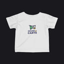 A white short-sleeve baby t-shirt with a 'House of Carts' graphic on the chest, featuring a green and gold shopping cart illustration and navy blue text, displayed on a clean white background.