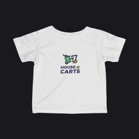 A white short-sleeve baby t-shirt with a 'House of Carts' graphic on the chest, featuring a green and gold shopping cart illustration and navy blue text, displayed on a clean white background.