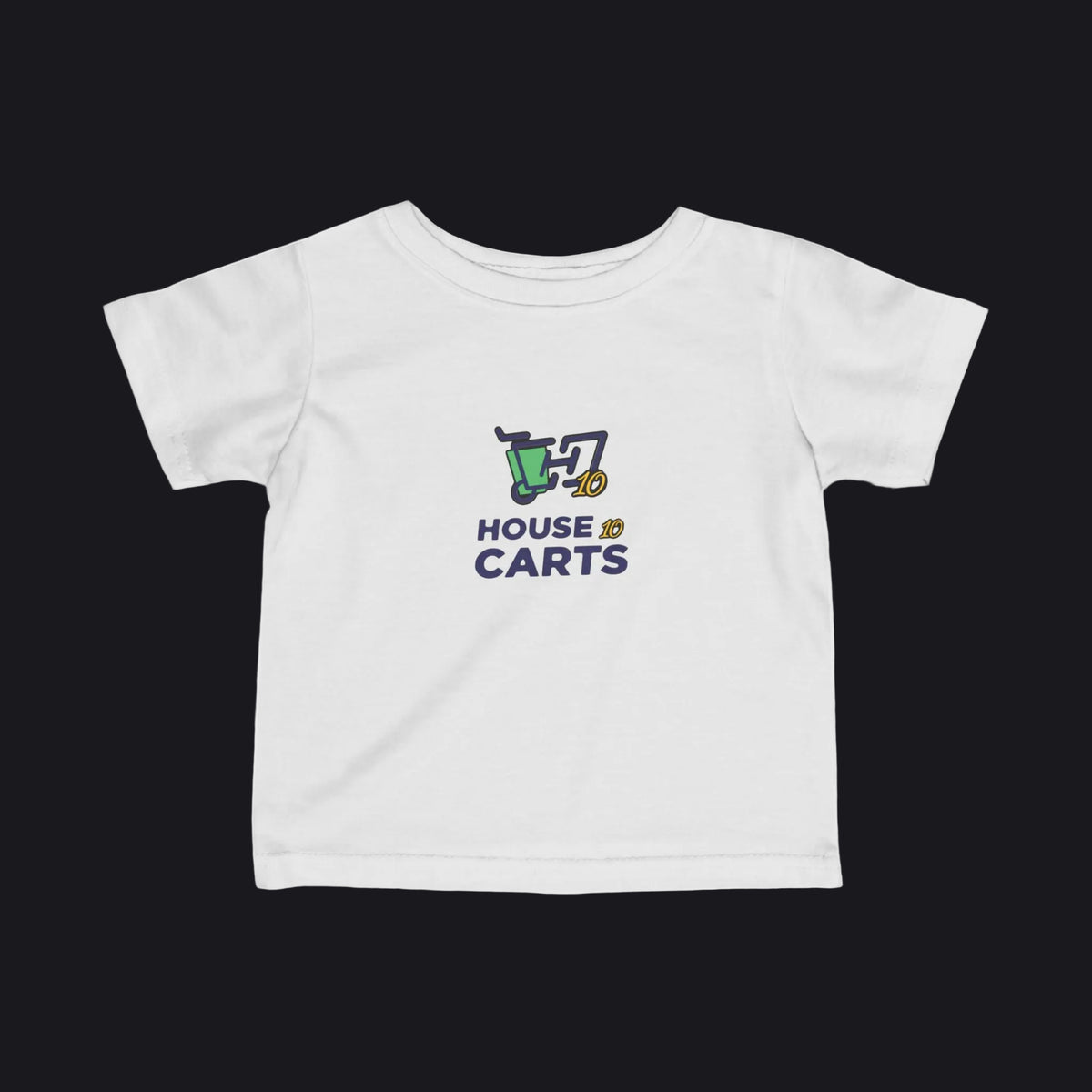 A white short-sleeve baby t-shirt with a 'House of Carts' graphic on the chest, featuring a green and gold shopping cart illustration and navy blue text, displayed on a clean white background.