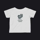 A light heather gray baby t-shirt with a dark teal graphic of a grill and the text 'MY DAD COOKS ON AND OFF THE GRILL' printed on the back.