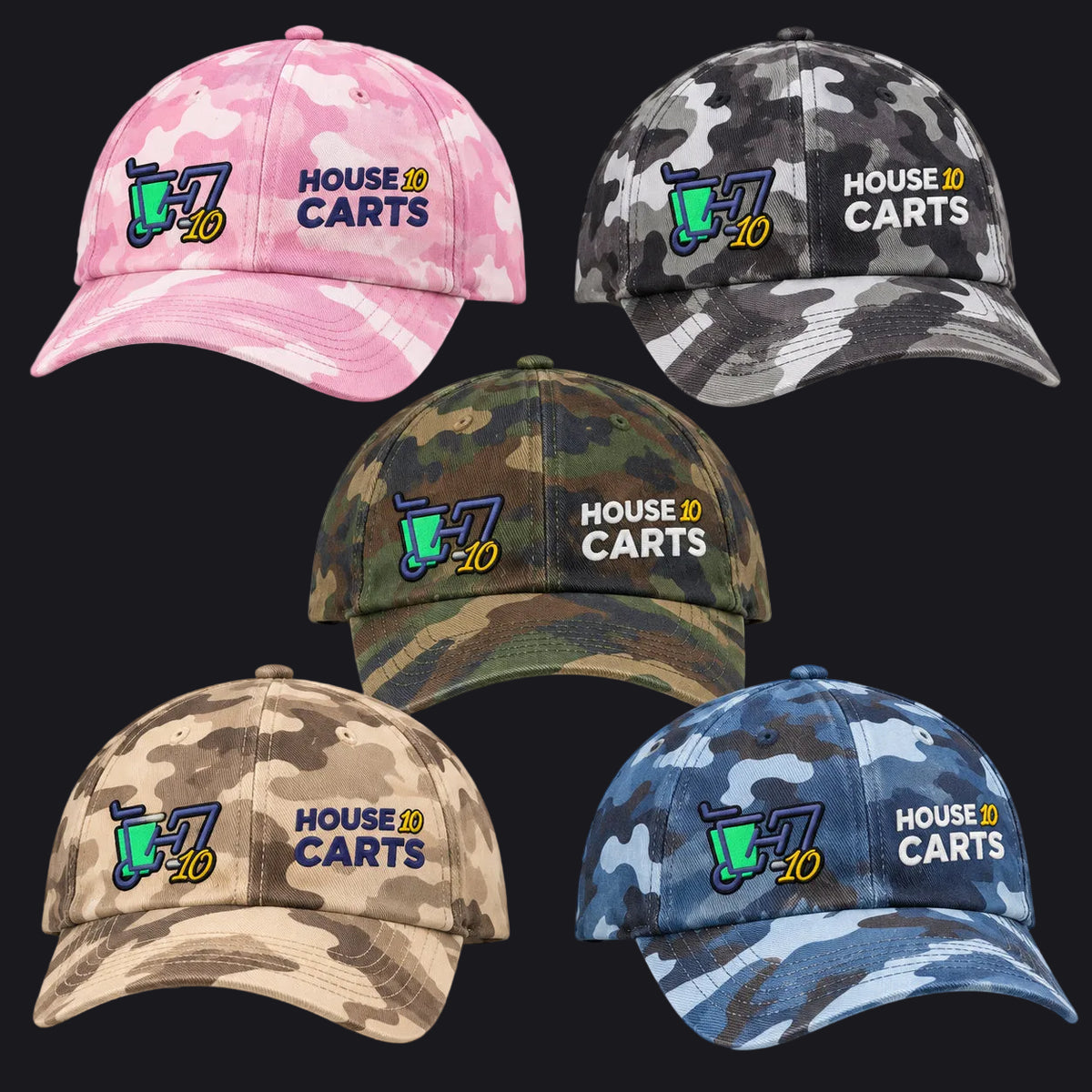 Five camouflage baseball caps arranged on a light gray background, each with embroidered 'HOUSE 10 CARTS' text and a green-and-yellow cart graphic. The caps are shown in pink, black/gray, woodland green, tan, and blue camo styles.