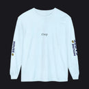 A light blue long-sleeve t-shirt with 't!rep' printed in black on the chest and 'HOUSE CARDS' in navy with a gold crown logo on both sleeves, shown on a plain white background.