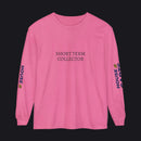 A pink long-sleeve t-shirt with 'SHORT TERM COLLECTOR' printed in black text on the chest, featuring vertical 'HOUSE OF CARE' branding on both sleeves, displayed on a clean white background.