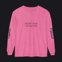 A pink long-sleeve t-shirt with 'SHORT TERM COLLECTOR' printed in black text on the chest, featuring vertical 'HOUSE OF CARE' branding on both sleeves, displayed on a clean white background.