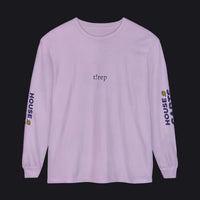 A light purple long-sleeve t-shirt with 'tlrep' printed in black on the chest and 'HOUSE CARDS' in navy with a yellow crown logo on both sleeves, shown on a plain white background.