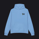 Light blue hoodie with a logo on the chest on a white background
