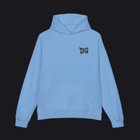 Light blue hoodie with a logo on the chest on a white background
