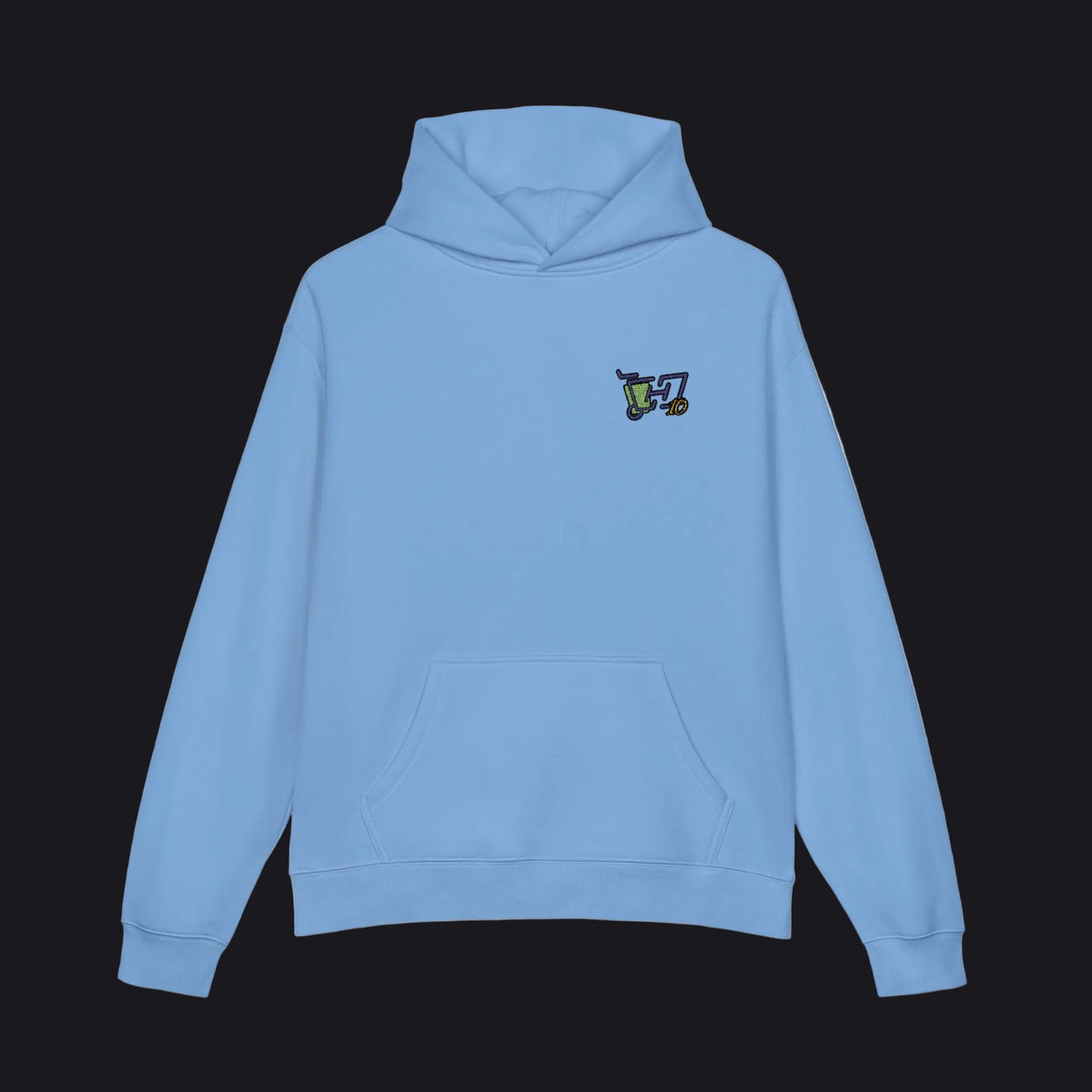 Light blue hoodie with a logo on the chest on a white background
