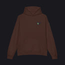 A dark brown pullover hoodie with a small colorful graphic on the left chest, displayed on a clean white background.
