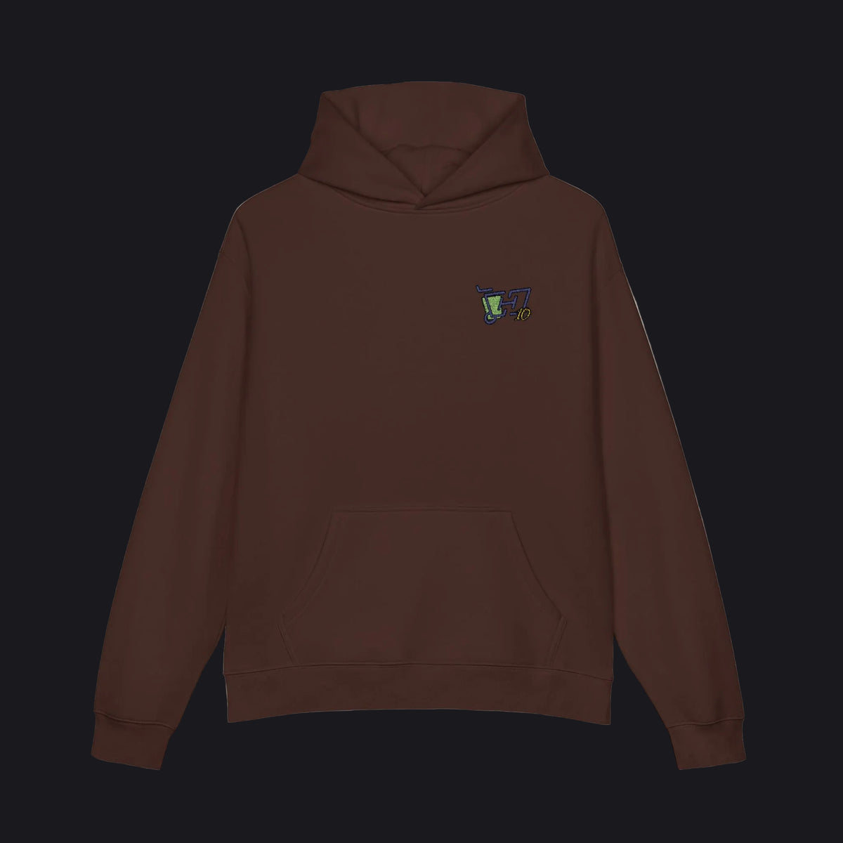 A dark brown pullover hoodie with a small colorful graphic on the left chest, displayed on a clean white background.
