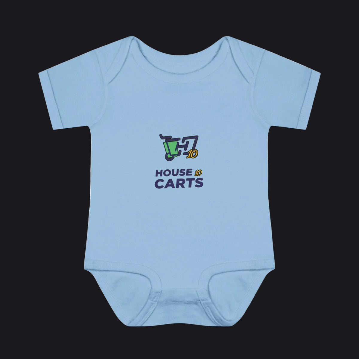 A light blue short-sleeve baby bodysuit with a 'HOUSE OF CARTS' graphic printed on the chest, displayed flat against a solid white background.