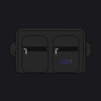 A black utility pouch with two zippered pockets on a plain white background. The right pocket features the 'HOUSE #20 CARTS' logo printed in blue and yellow.