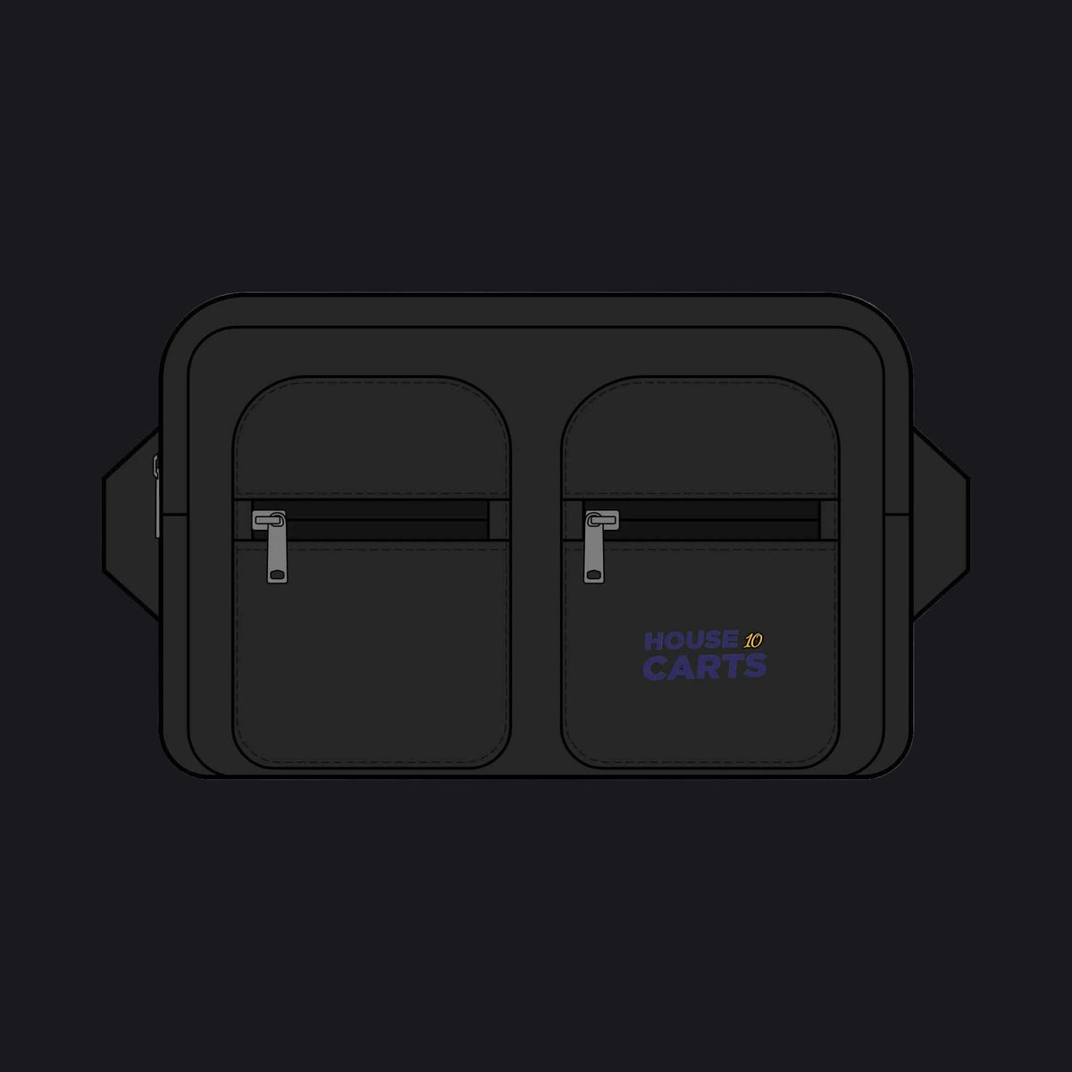 A black utility pouch with two zippered pockets on a plain white background. The right pocket features the 'HOUSE #20 CARTS' logo printed in blue and yellow.