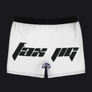 White athletic shorts with a black elastic waistband, featuring a large black 'fax pg' graphic on the front and a small navy blue circular logo near the lower left leg.