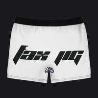 White athletic shorts with a black elastic waistband, featuring a large black 'fax pg' graphic on the front and a small navy blue circular logo near the lower left leg.