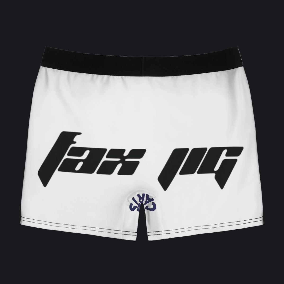 White athletic shorts with a black elastic waistband, featuring a large black 'fax pg' graphic on the front and a small navy blue circular logo near the lower left leg.