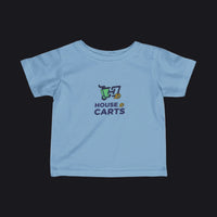 A light blue short-sleeve baby t-shirt with a 'HOUSE OF CARTS' graphic on the chest, displayed flat against a white background.