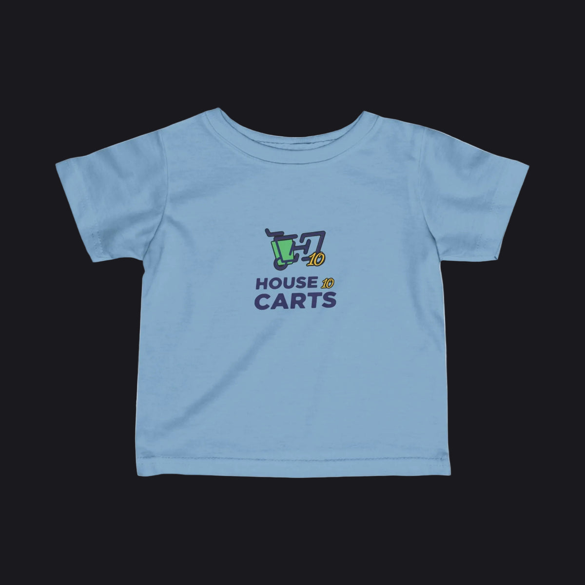 A light blue short-sleeve baby t-shirt with a 'HOUSE OF CARTS' graphic on the chest, displayed flat against a white background.