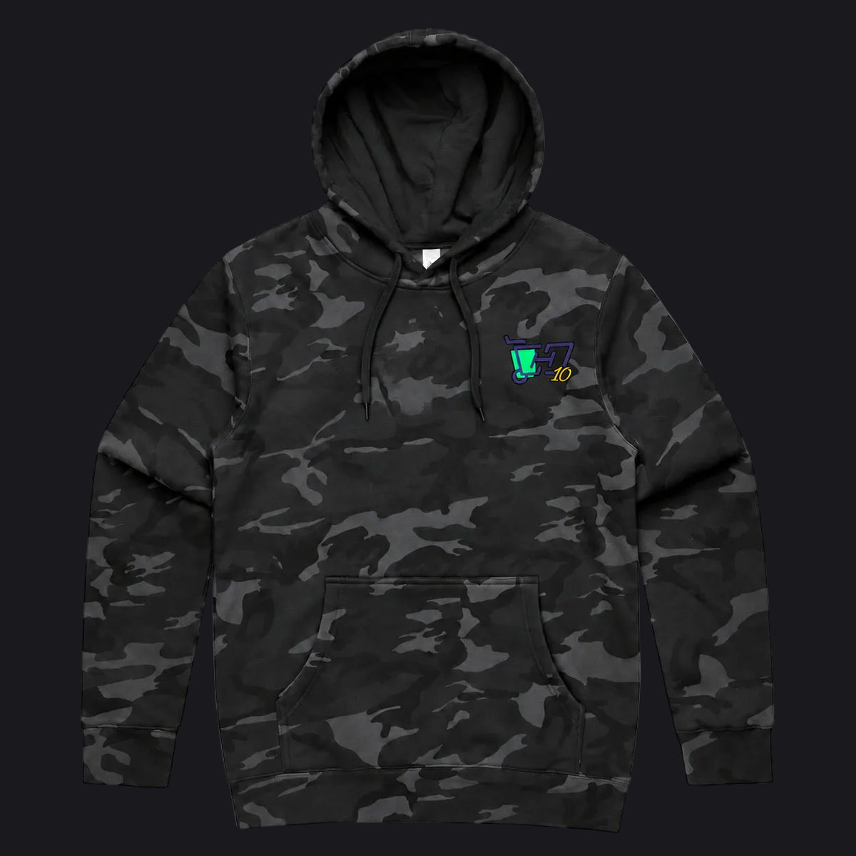 A black and dark gray camouflage pullover hoodie with a small colorful Utah Jazz graphic on the left chest, displayed on a clean white background.