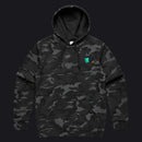 A black and dark gray camouflage pullover hoodie with a small colorful Utah Jazz graphic on the left chest, displayed on a clean white background.