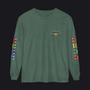 A dark green long-sleeve t-shirt with 'HOC SLOTS' printed on the left chest in a colorful gradient font. The sleeves feature vertical columns of colorful flag-like graphics on both sides.