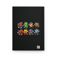A black hardcover notebook featuring a colorful graphic of eight cartoonish robot and creature characters arranged in two rows on the front cover, with a small QR code in the bottom right corner.