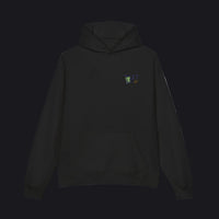 Black hoodie with a logo on the back against a white background