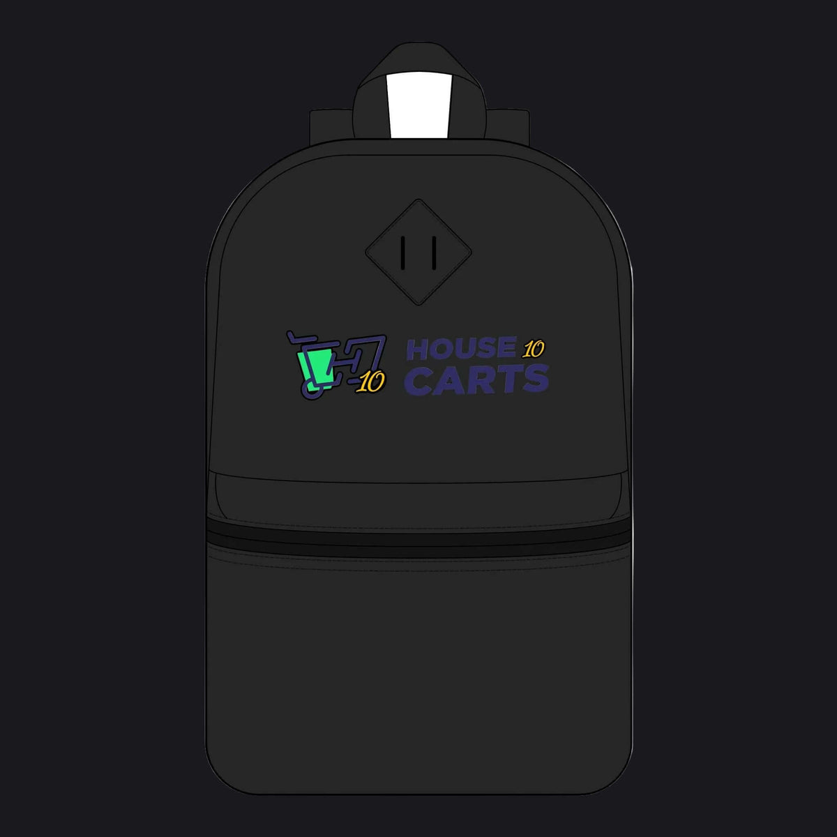 A black backpack with a front logo for 'HOUSE 10 CARTS' featuring a green and purple shopping cart graphic, shown on a plain white background.