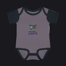 A baby short-sleeve bodysuit with a heathered dark gray body and dark navy sleeves, collar, and leg trim. The chest features a graphic of a green shopping cart with a yellow '10' and the text 'HOUSE OF CARTS' in navy and yellow.
