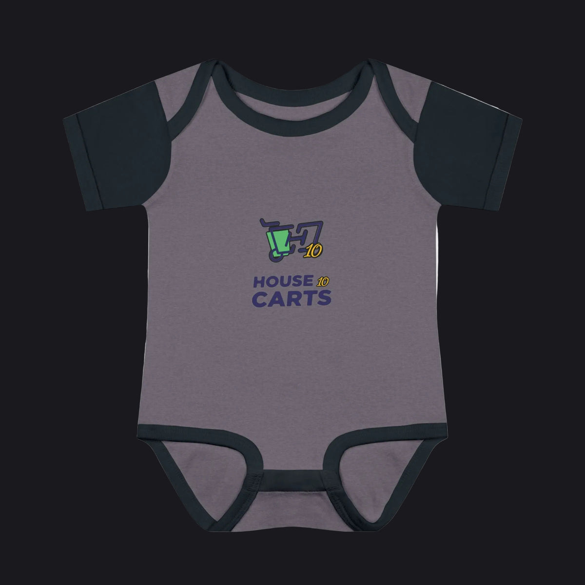 A baby short-sleeve bodysuit with a heathered dark gray body and dark navy sleeves, collar, and leg trim. The chest features a graphic of a green shopping cart with a yellow '10' and the text 'HOUSE OF CARTS' in navy and yellow.